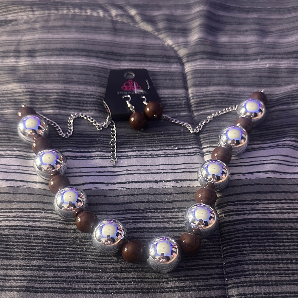 Silver and Brown Beaded Necklace and Earring Set